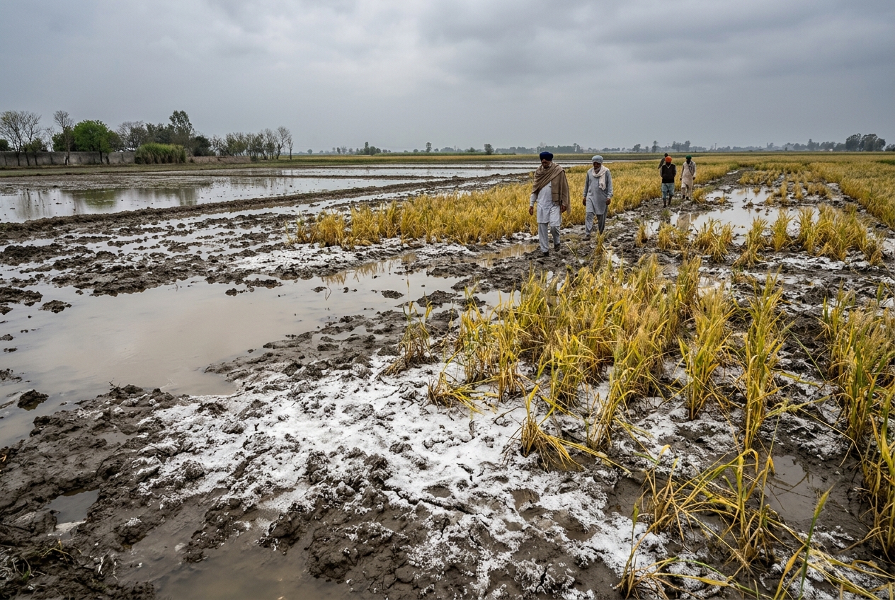 Agricultural land with visible water-affected soil