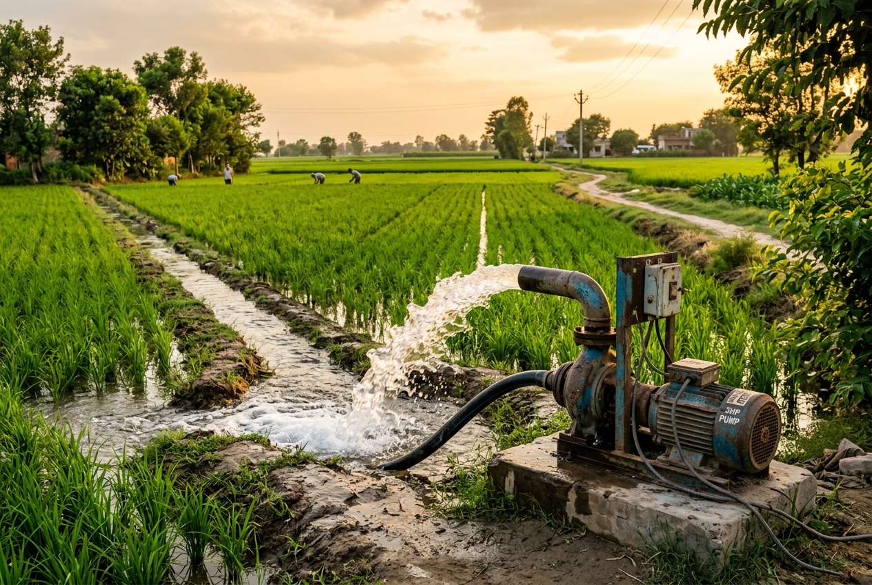 A tube well delivering irrigation water to a field
